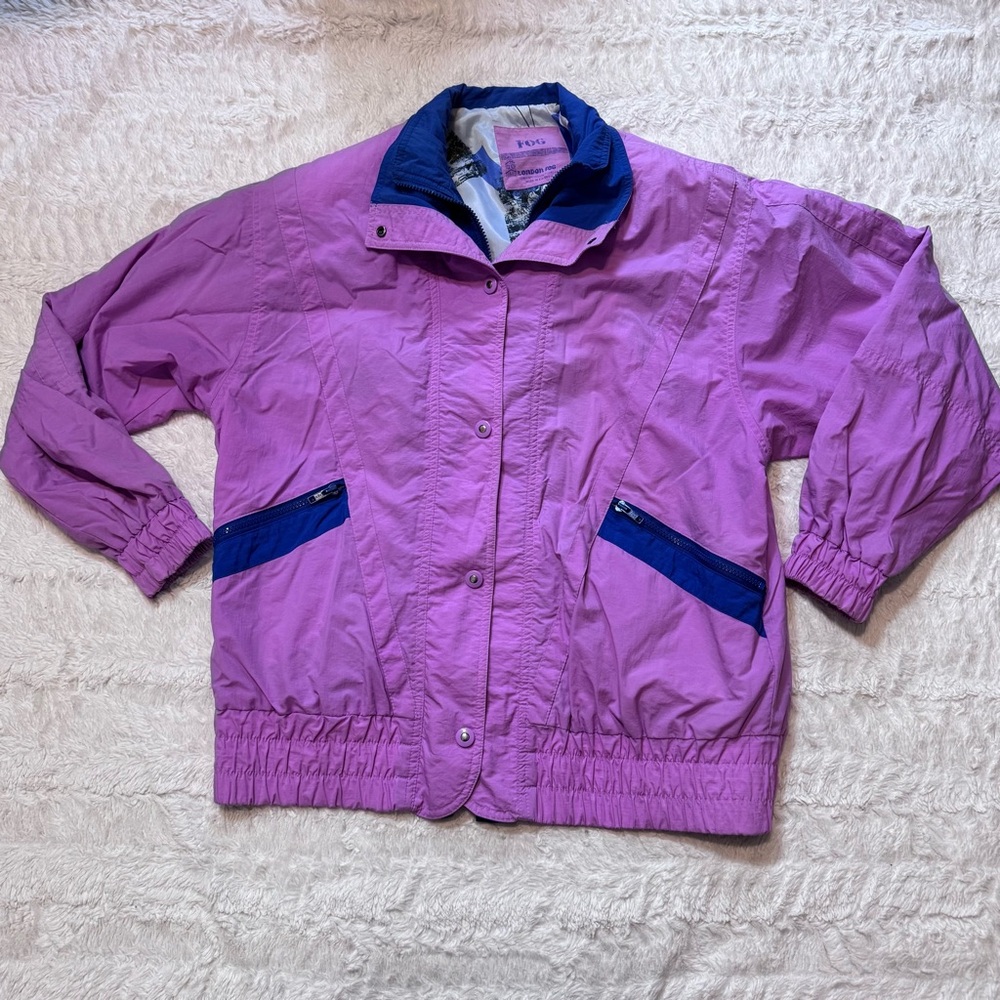 Vintage 80s London Fog large Pink & Purple Coat Retro Cinched Waist Fully Lined